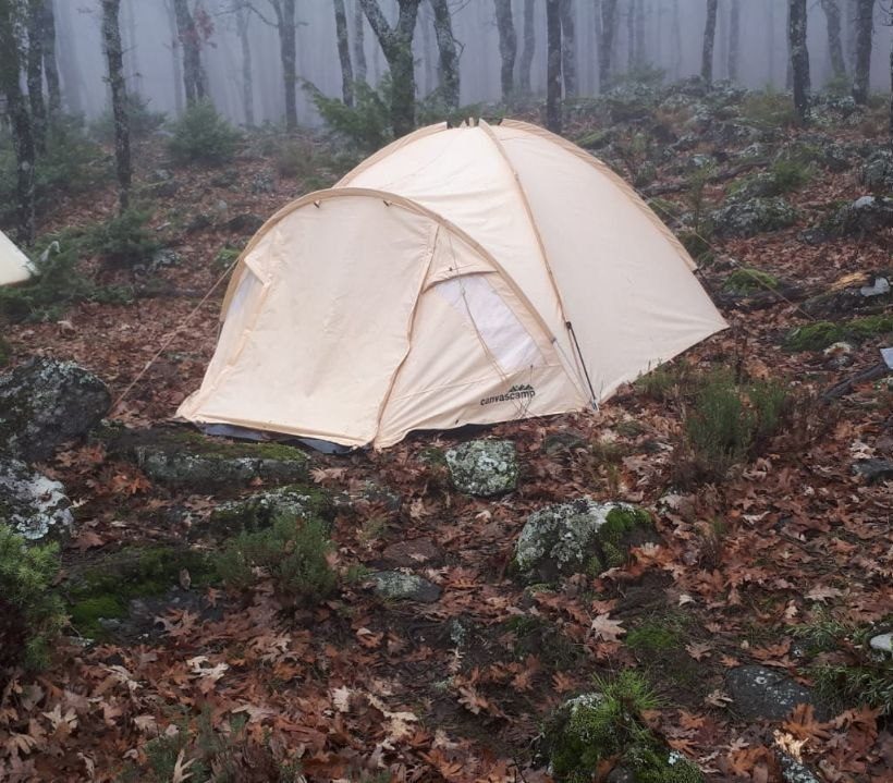 Una tienda de campaña en un bosque con niebla, en la Sierra de Gredos